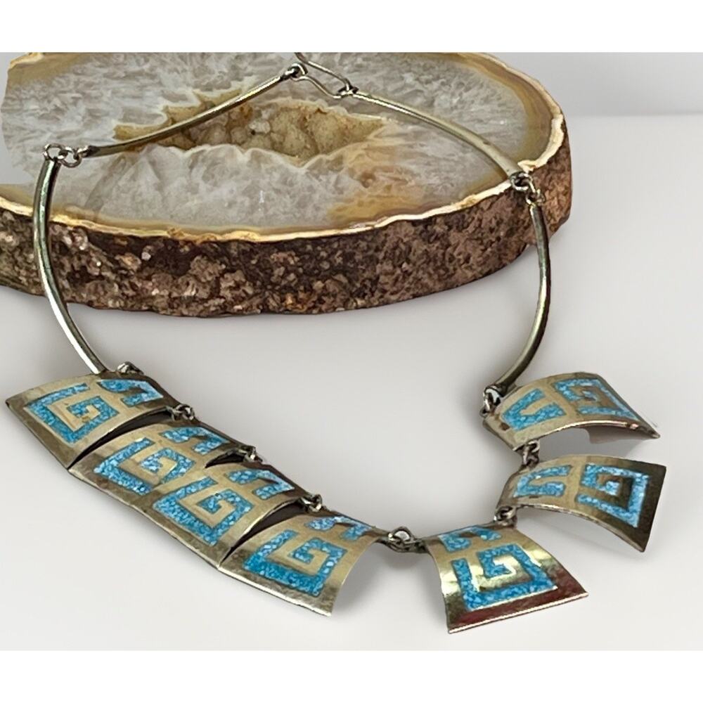 Vintage Mexico Alpaca Silver Turquoise Chip Inlay Collar Statement Necklace - Picture 8 of 12